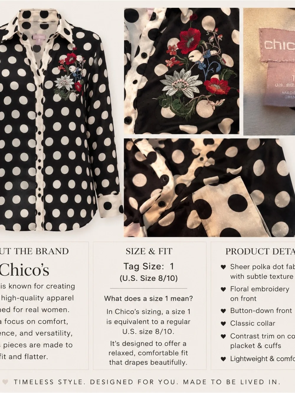 Chico’s Size 1 Black Polka Dot Embroidered Button-Up Blouse Medium